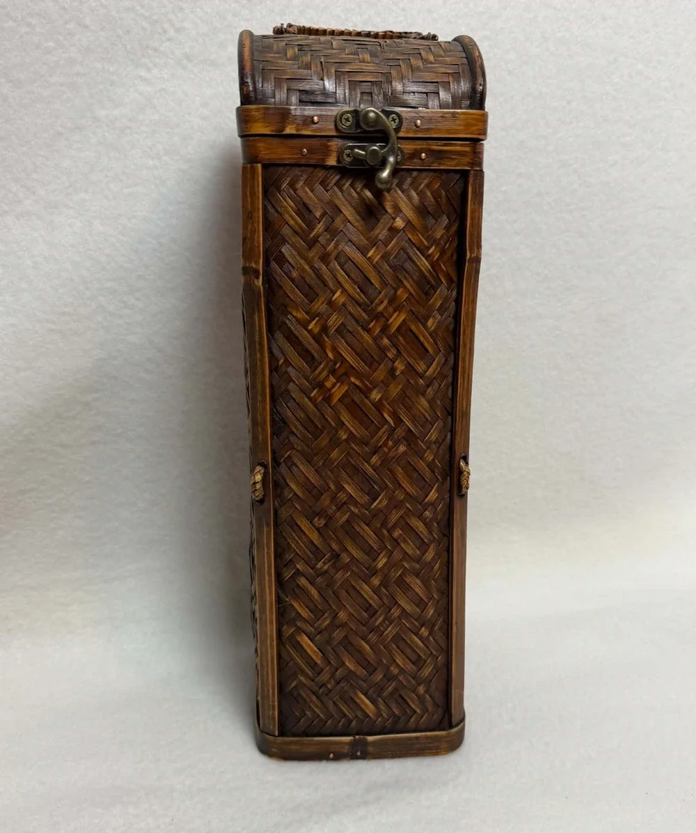 Bamboo Rattan Woven Vintage Wine Liquor Carrier Handle Clasp Farmhouse Boho